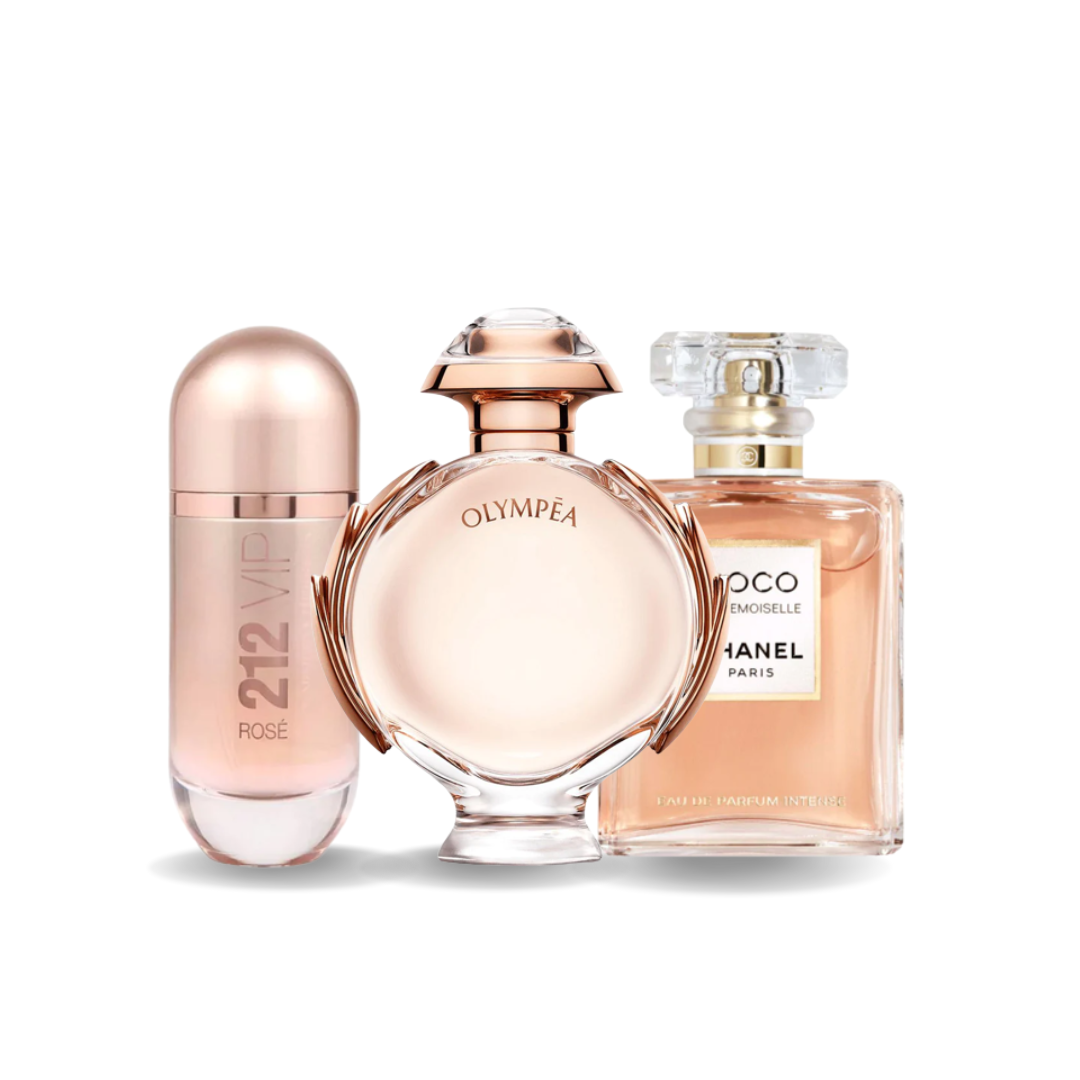 Combo 3 Fragrances - 212 VIP Rosé Carolina Herrera, Olympéa Paco Rabanne, and Coco Mademoiselle Chanel